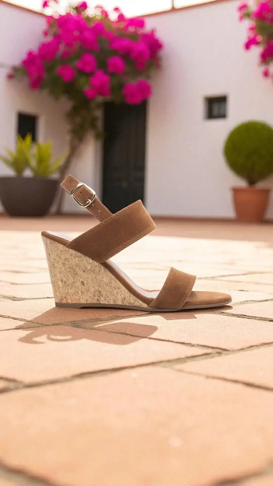 Sandália Anabela Camurção Caramelo com Fivela Dourada Salto 7 cm