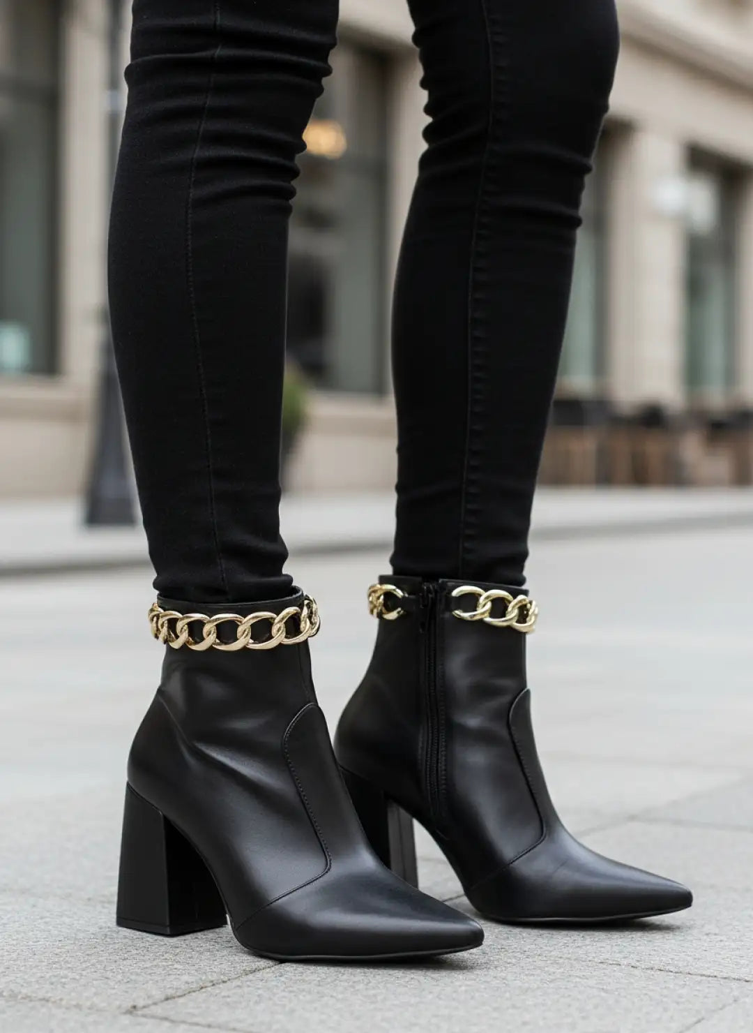 Bota Bico Fino Napa Preto com Corrente Dourada