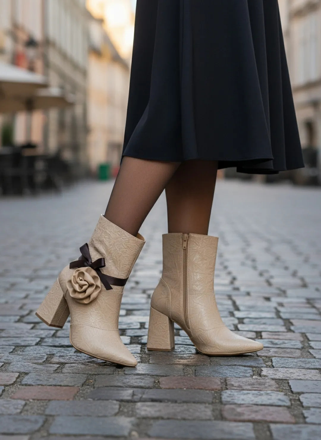 Bota Bico Fino Napa Vintage Bege Flor Caramelo