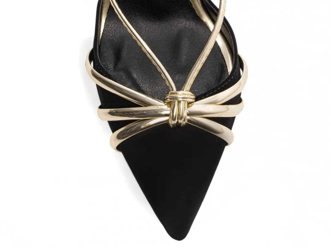 Sandália Salto Fino Nobuck Preto com Metalizado Ouro Light