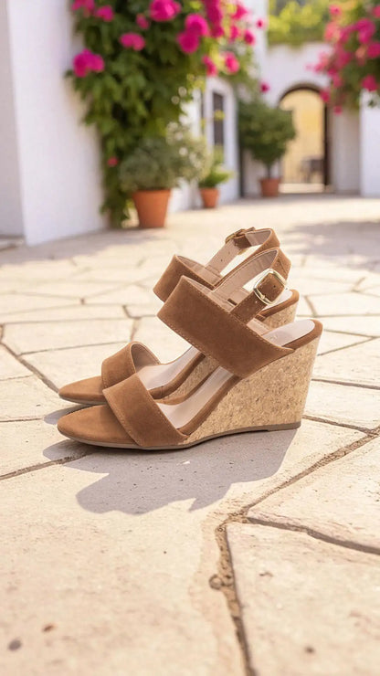 Sandália Anabela Feminina Caramelo com Fivela Dourada