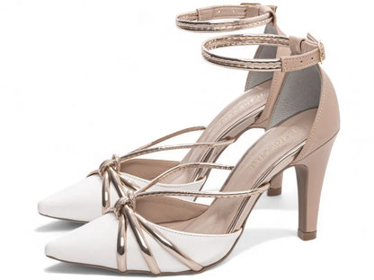 Sandália Salto Fino Branco Rosê com Metalizado Specchio Rosê