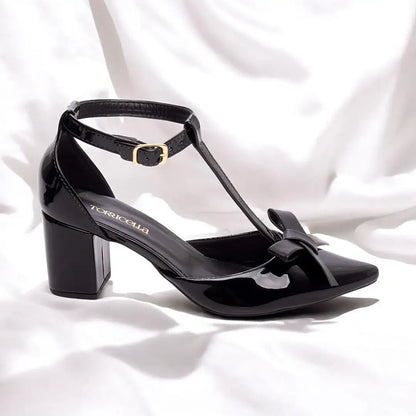 Scarpin Verniz Preto com Laço  Salto Grosso 6,5 cm