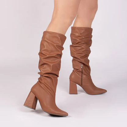 Bota Franzida Feminina Napa Caramelo Salto 9cm