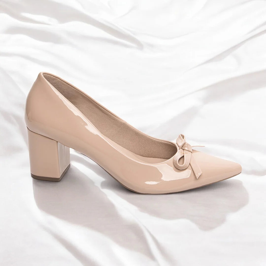 Sapato Scarpin Rosê com Laço e Salto Grosso 6,5 cm Antiderrapante
