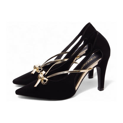 Scarpin Salto Fino Nobuck Preto com Metalizado Specchio Ouro