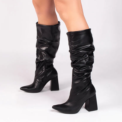 Bota Franzida Feminina Napa Preto Salto 9cm