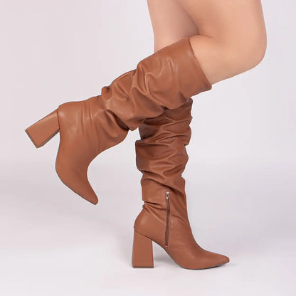 Bota Franzida Feminina Napa Caramelo Salto 9cm