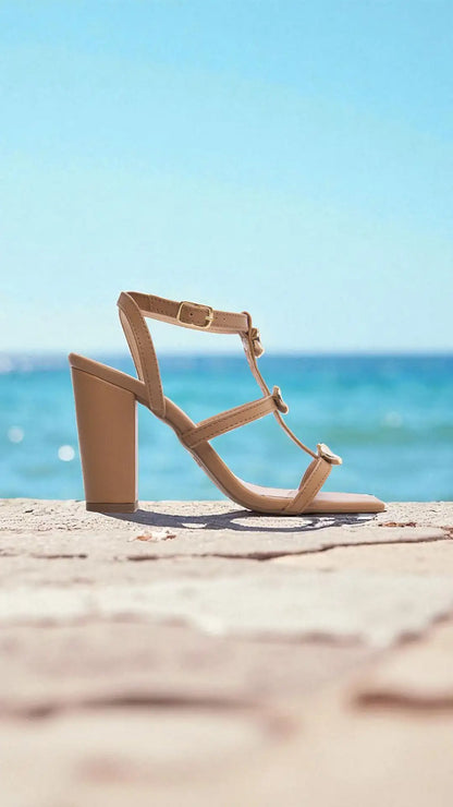 Sandália Feminina Elegante Caramelo com Salto Grosso Antiderrapante