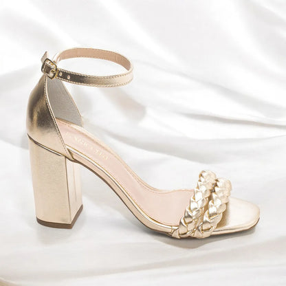 Sandália Feminina Ouro Light com Tiras Trançadas Salto 8,5 cm