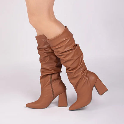 Bota Franzida Feminina Napa Caramelo Salto 9cm