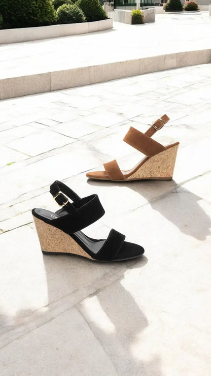 Sandália Anabela Camurção Caramelo com Fivela Dourada Salto 7 cm