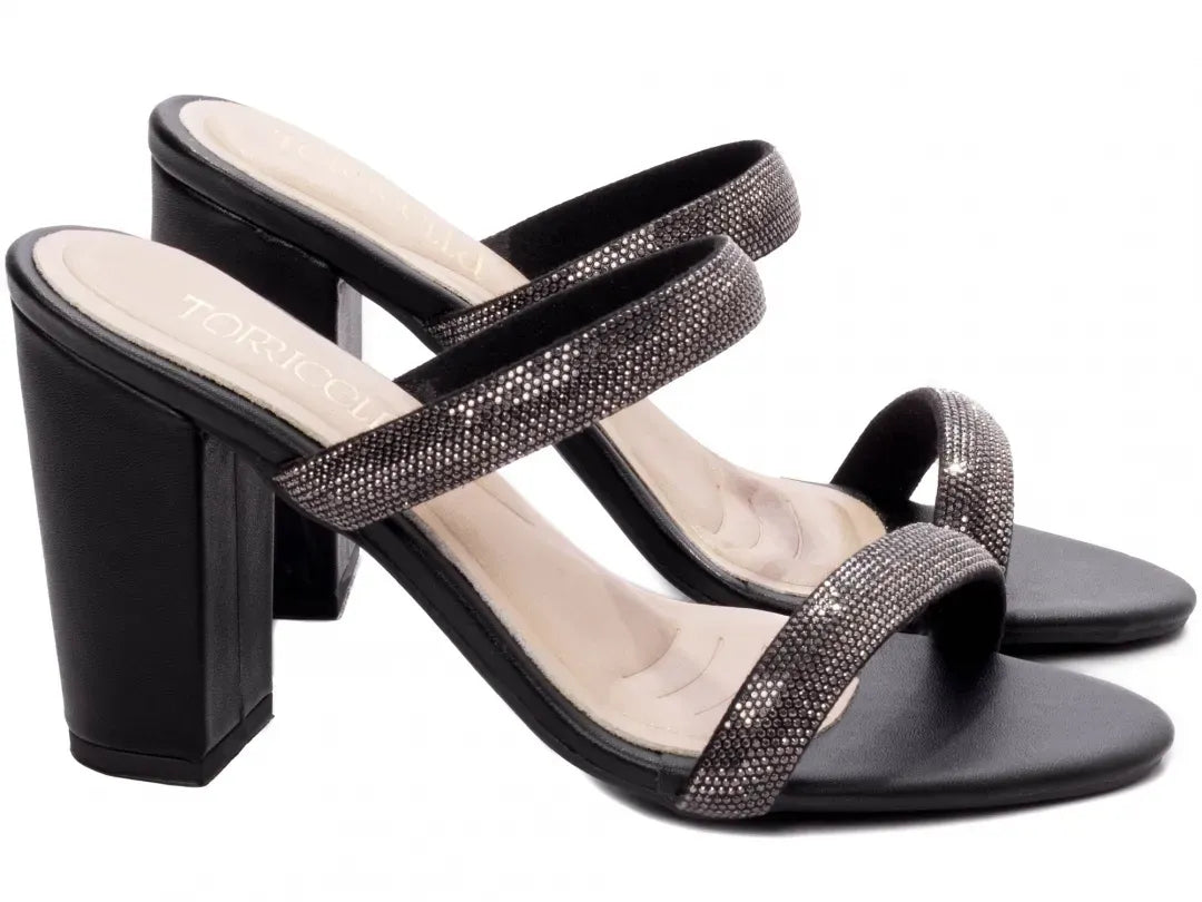 Sandália Tamanco Feminino Napa Preto com Strass Grafite