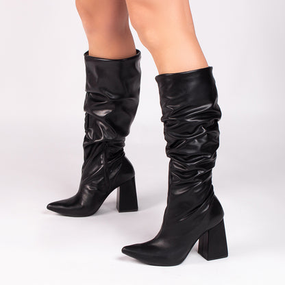 Bota Franzida Feminina Napa Preto Salto 9cm