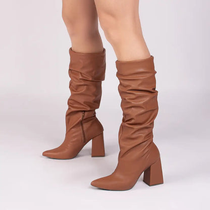 Bota Franzida Feminina Napa Caramelo Salto 9cm