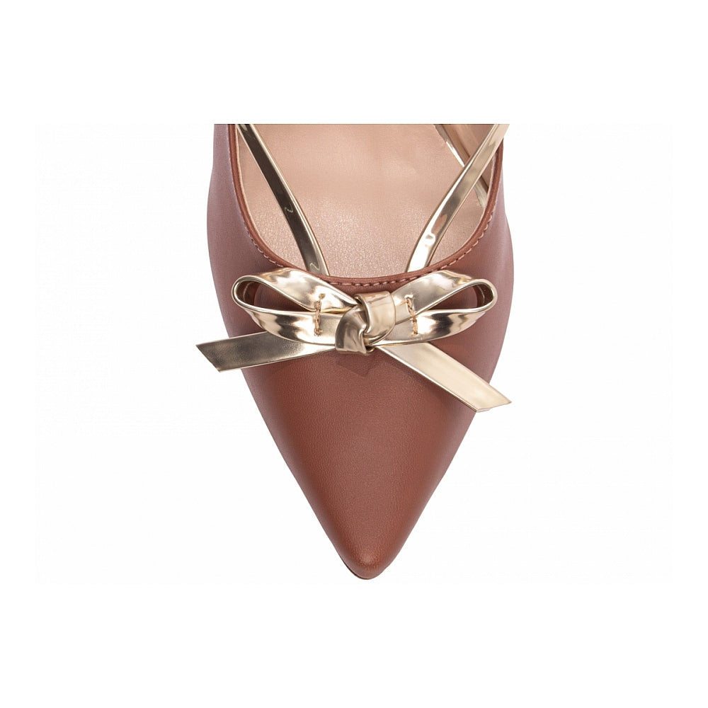 Sapato Scarpin Caramelo e Ouro Light com Laço Salto 9cm