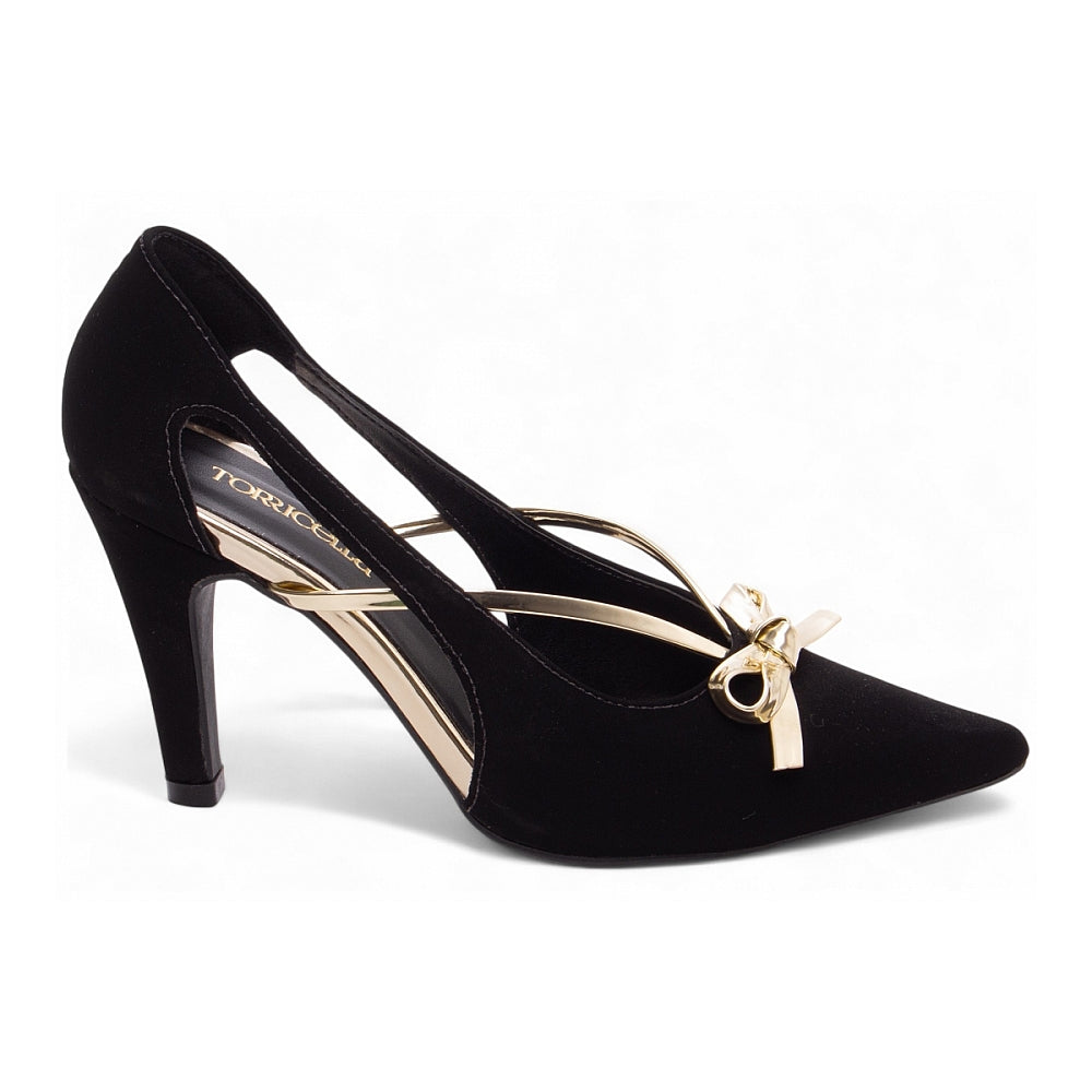 Scarpin Salto Fino Nobuck Preto com Metalizado Specchio Ouro