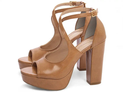 Sandália Meia Pata Caramelo Feminina Salto Alto Bloco