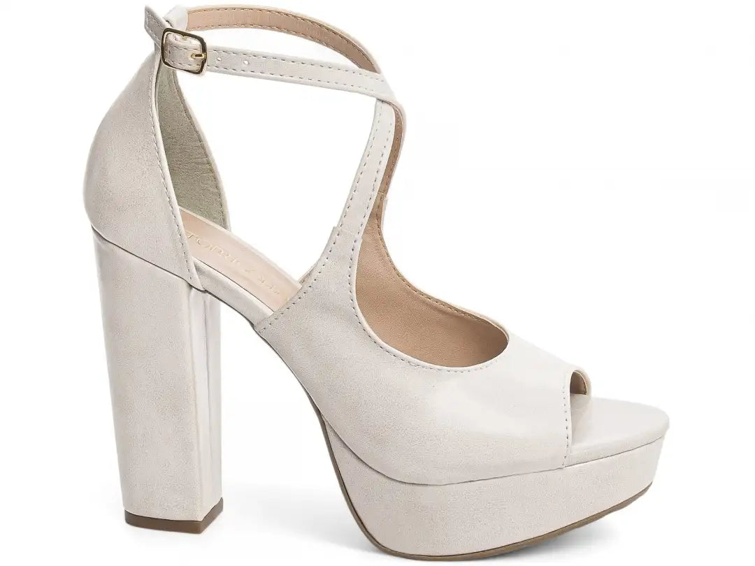 Sandália Meia Pata Off White Feminina Salto Bloco Alto