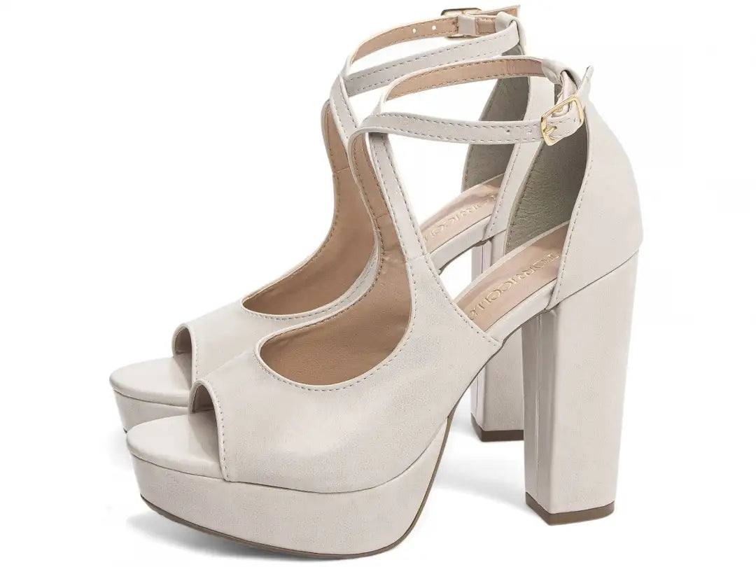 Sandália Meia Pata Off White Feminina Salto Bloco Alto