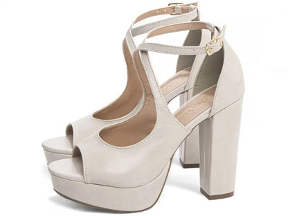 Sandália Meia Pata Off White Feminina Salto Bloco Alto