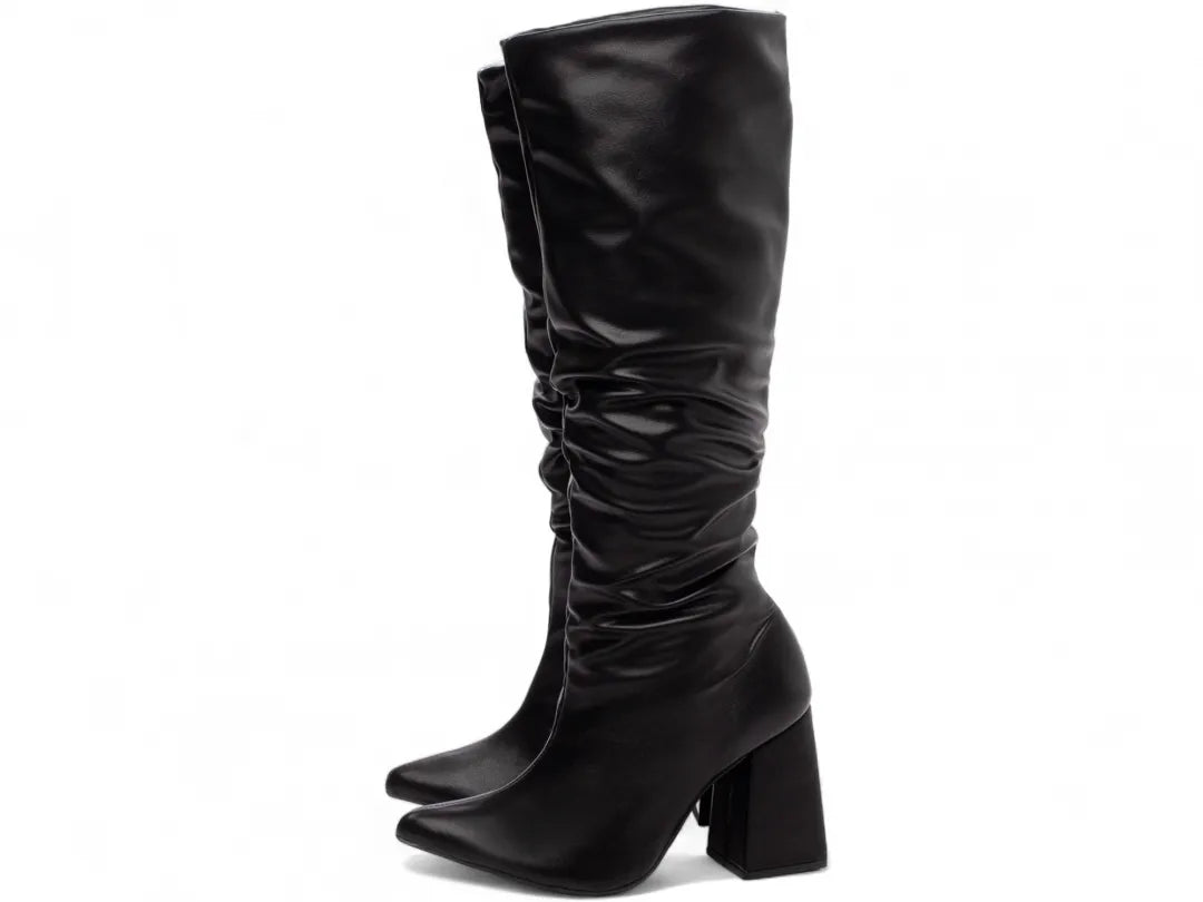 Bota Franzida Feminina Napa Preto Salto 9cm