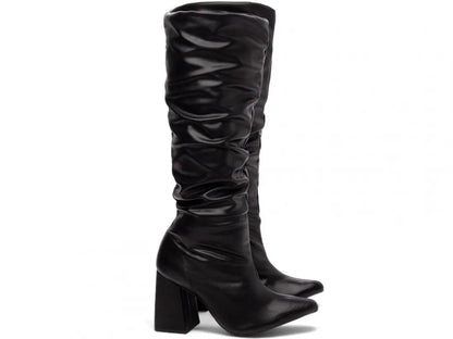 Bota Franzida Feminina Napa Preto Salto 9cm