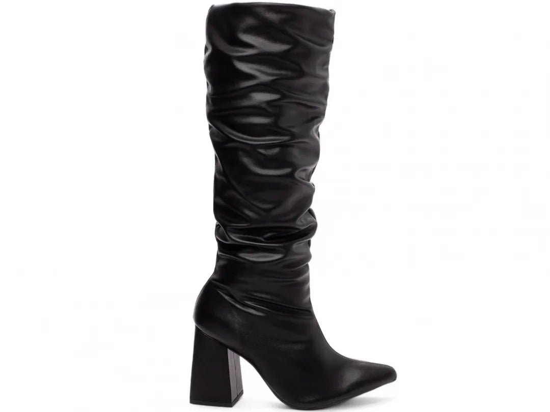 Bota Franzida Feminina Napa Preto Salto 9cm