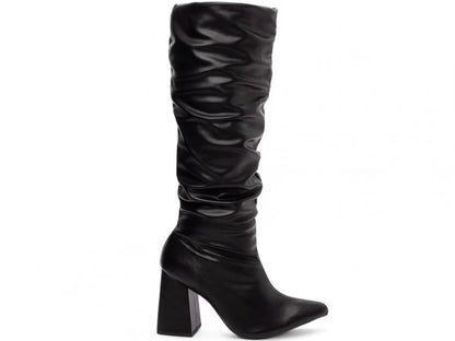 Bota Franzida Feminina Napa Preto Salto 9cm