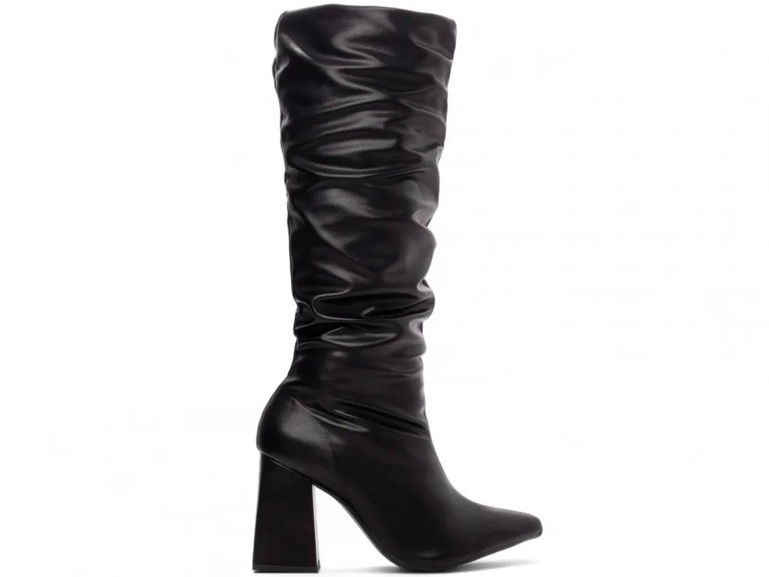 Bota Franzida Feminina Napa Preto Salto 9cm