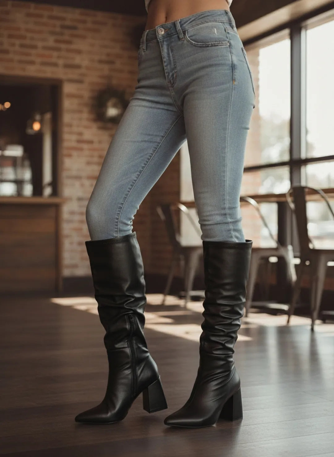 Bota Franzida Feminina Napa Preto Salto 9cm
