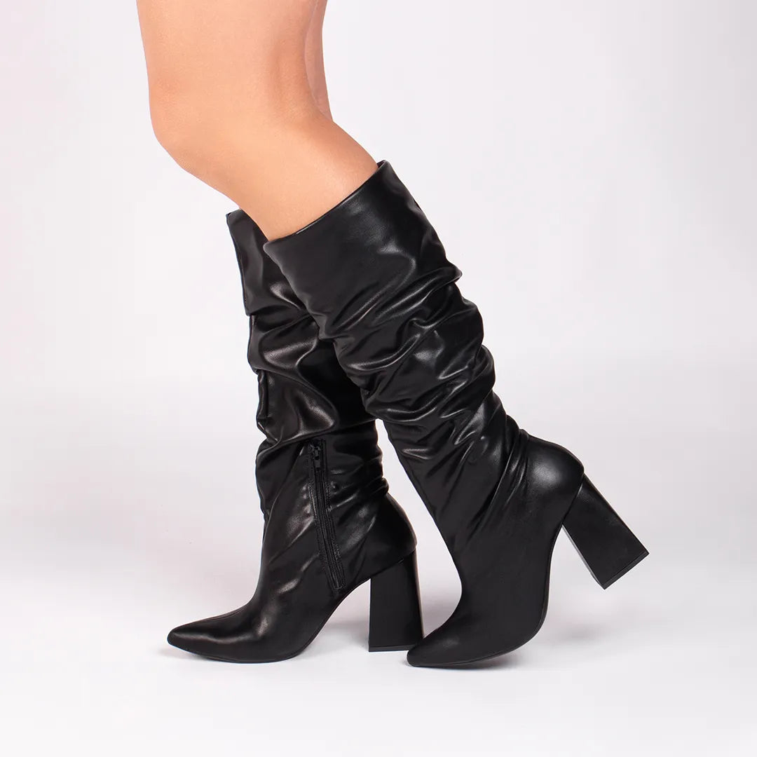 Bota Franzida Feminina Napa Preto Salto 9cm