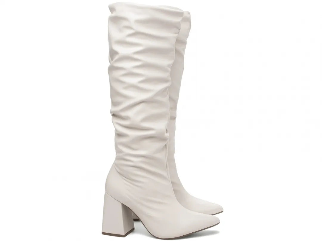 Bota Franzida Feminina Napa Off White Salto 9cm