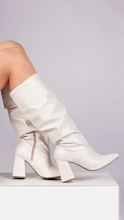 Bota Franzida Feminina Napa Off White Salto 9cm