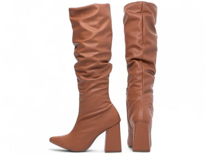Bota Franzida Feminina Napa Caramelo Salto 9cm