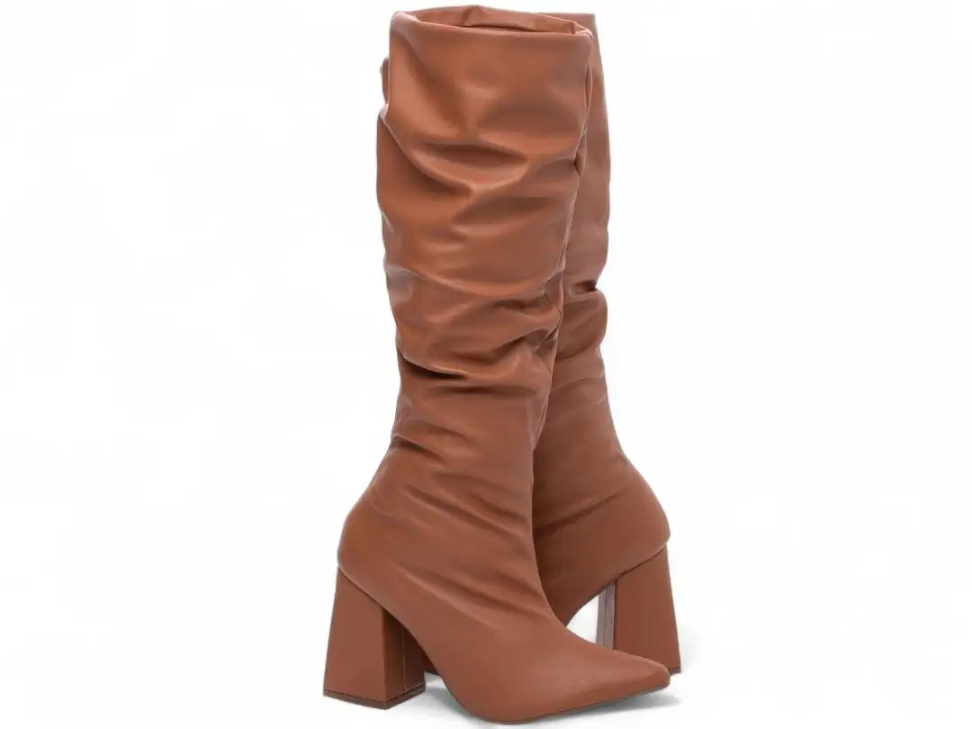 Bota Franzida Feminina Napa Caramelo Salto 9cm