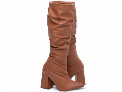 Bota Franzida Feminina Napa Caramelo Salto 9cm
