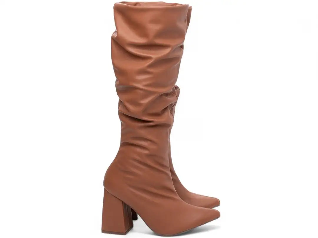 Bota Franzida Feminina Napa Caramelo Salto 9cm