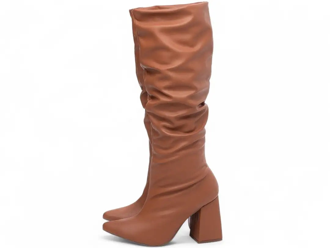 Bota Franzida Feminina Napa Caramelo Salto 9cm