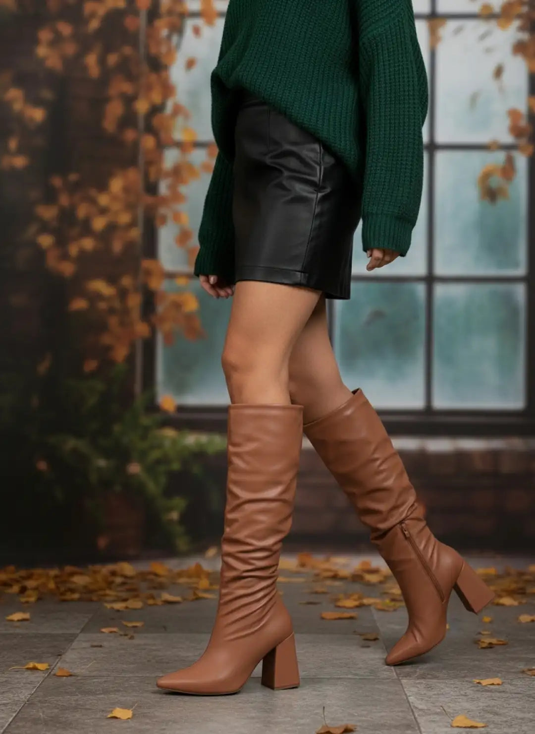 Bota Franzida Feminina Napa Caramelo Salto 9cm