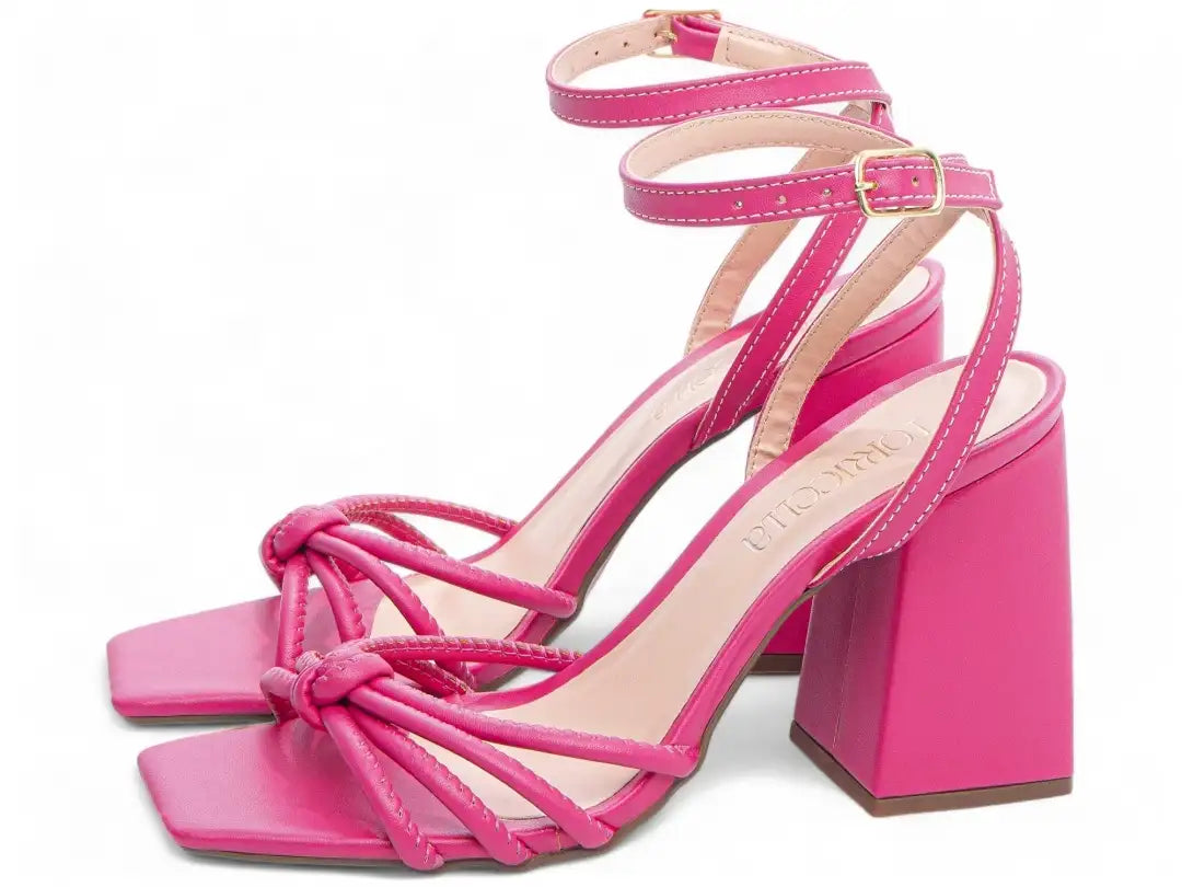 Sandália Feminina Pink Salto Grosso 9cm com Fivela Dourada