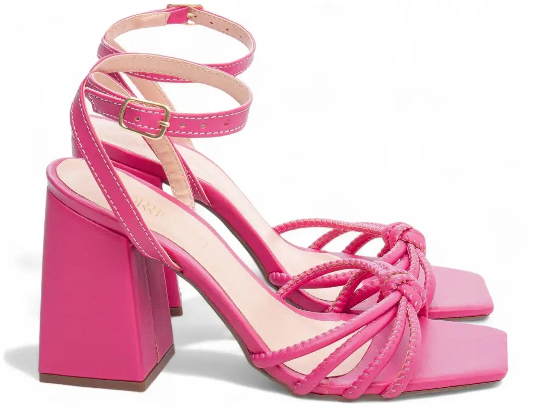 Sandália Feminina Pink Salto Grosso 9cm com Fivela Dourada