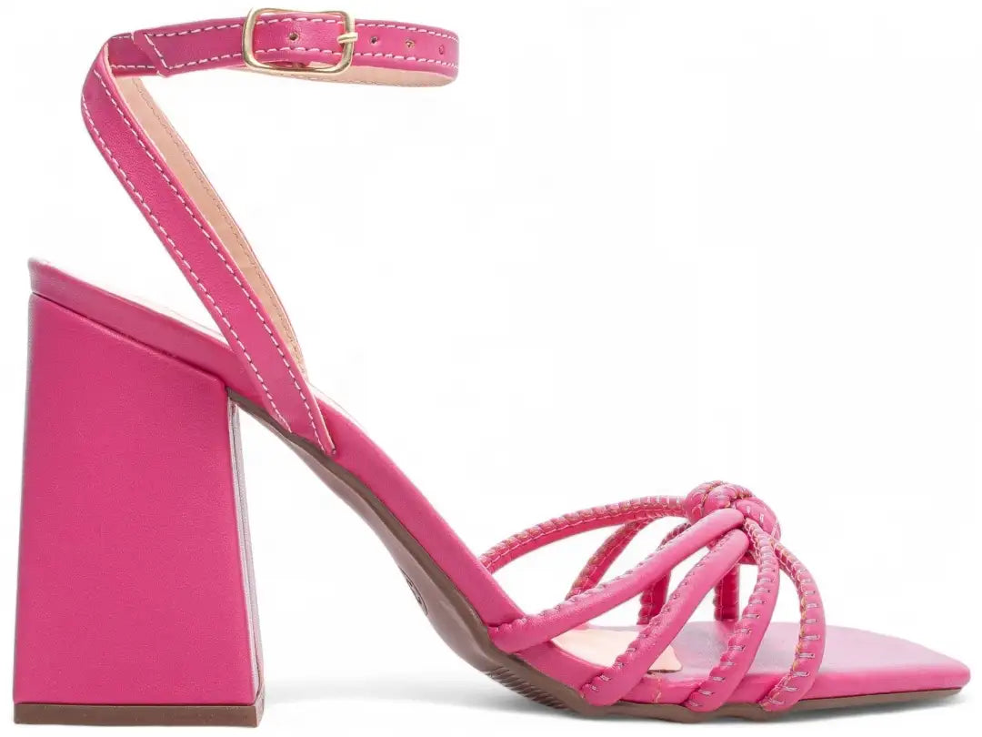 Sandália Feminina Pink Salto Grosso 9cm com Fivela Dourada