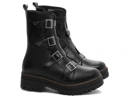 Bota Coturno Couro Preto Tratorada Fivela Grafite
