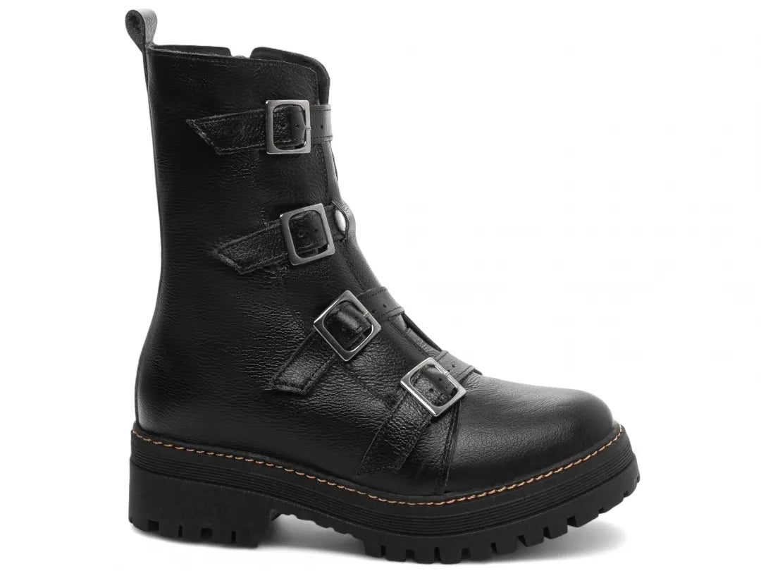 Bota Coturno Couro Preto Tratorada Fivela Grafite