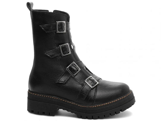 Bota Coturno Couro Preto Tratorada Fivela Grafite