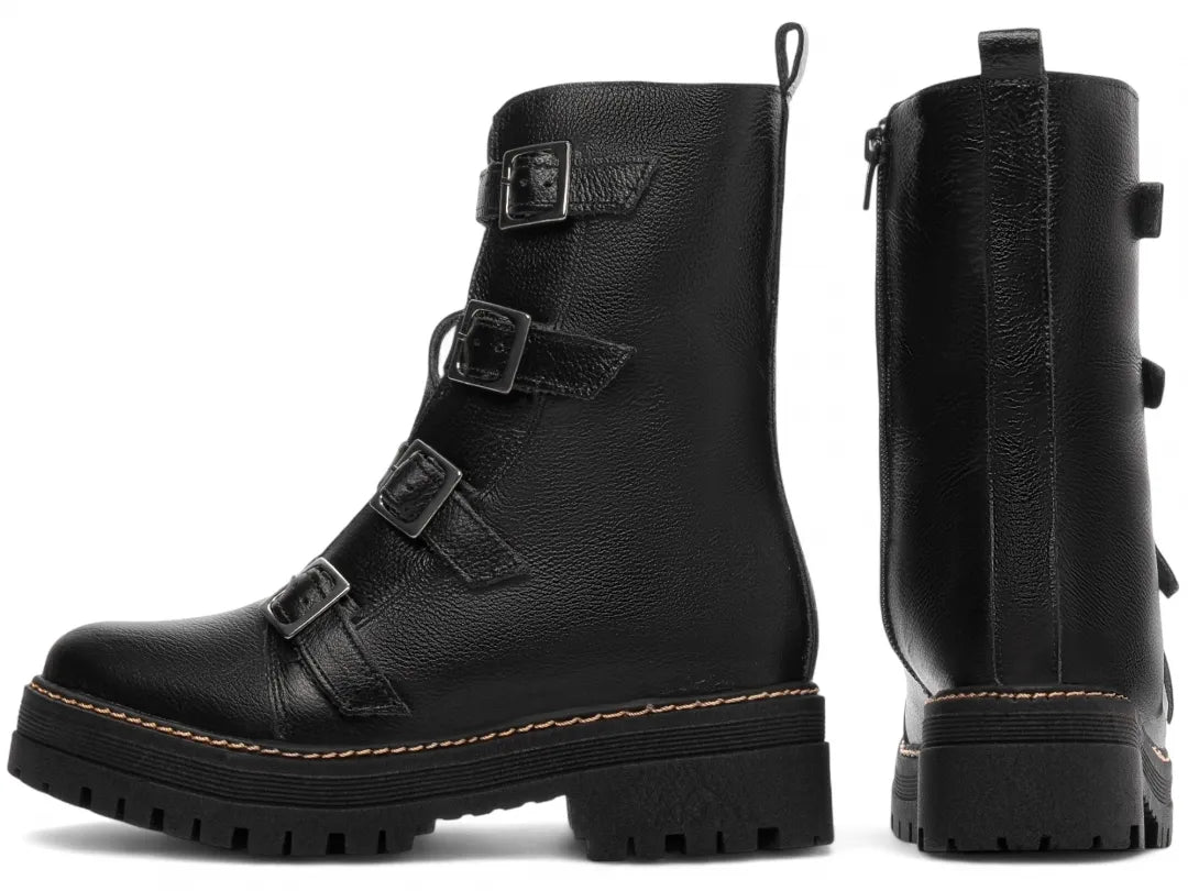Bota Coturno Couro Preto Tratorada Fivela Grafite