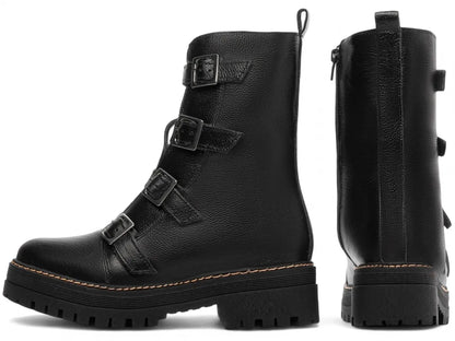 Bota Coturno Couro Preto Tratorada Fivela Grafite