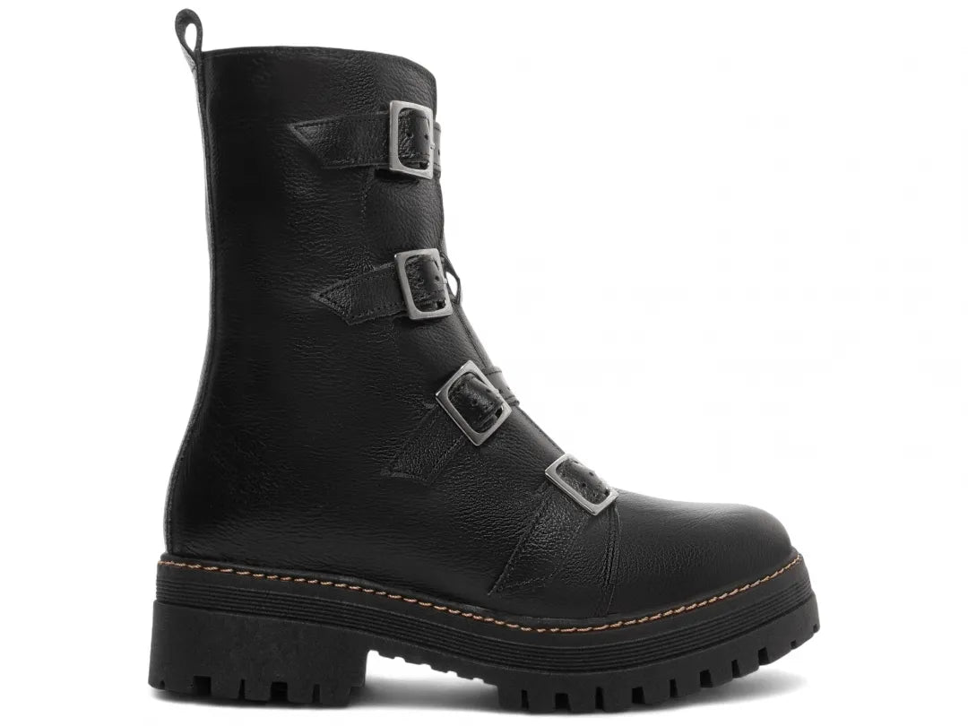 Bota Coturno Couro Preto Tratorada Fivela Grafite
