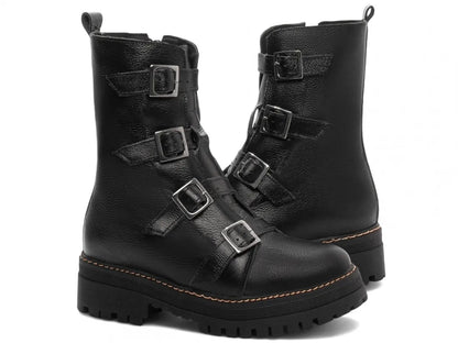 Bota Coturno Couro Preto Tratorada Fivela Grafite